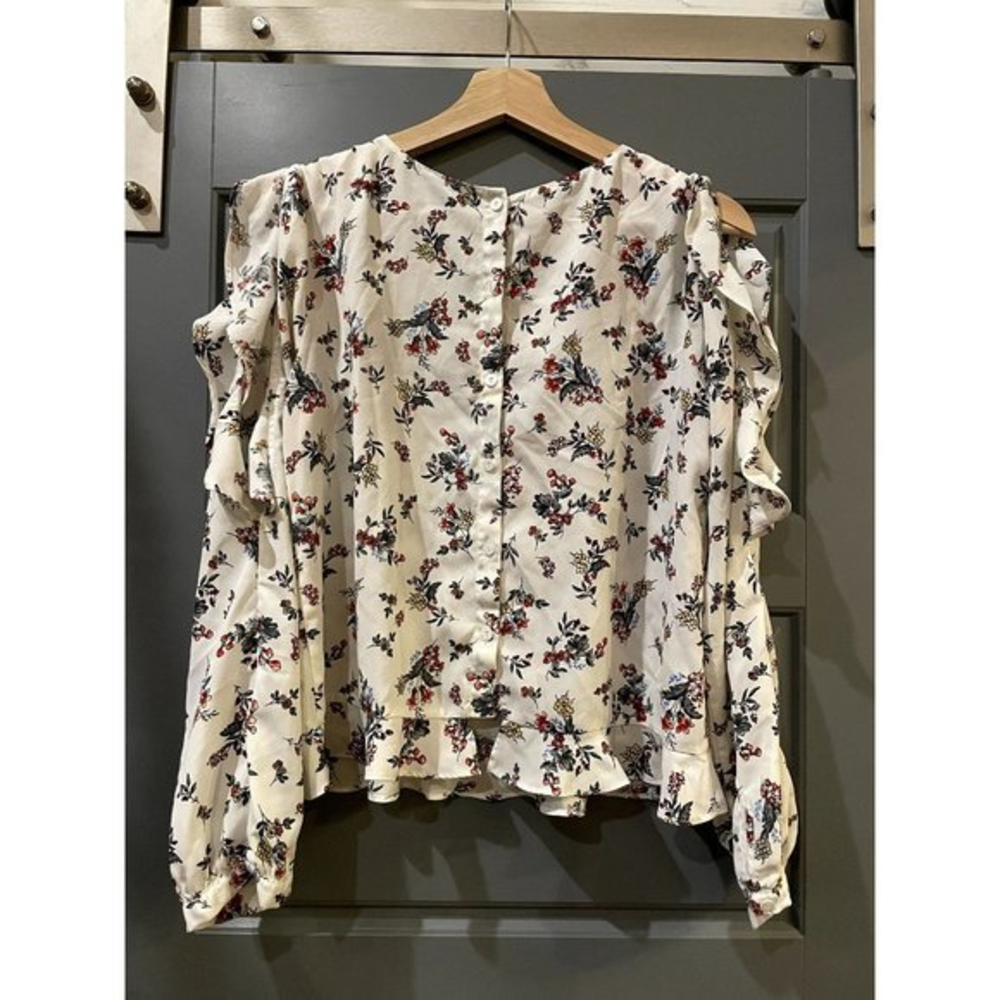 Timing Floral Cold Shoulder Blouse Ruffle Button Back Top White Small‎
